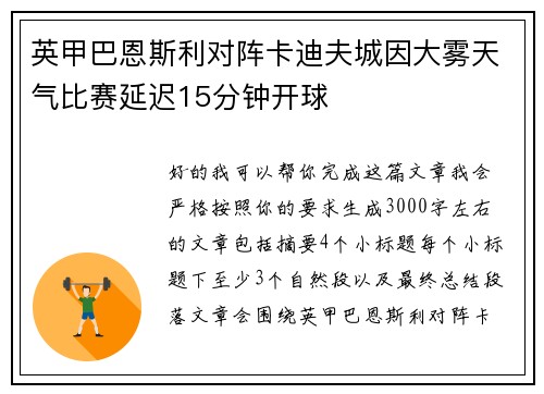 英甲巴恩斯利对阵卡迪夫城因大雾天气比赛延迟15分钟开球