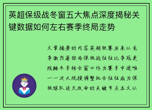 英超保级战冬窗五大焦点深度揭秘关键数据如何左右赛季终局走势