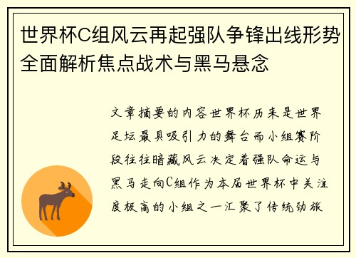 世界杯C组风云再起强队争锋出线形势全面解析焦点战术与黑马悬念