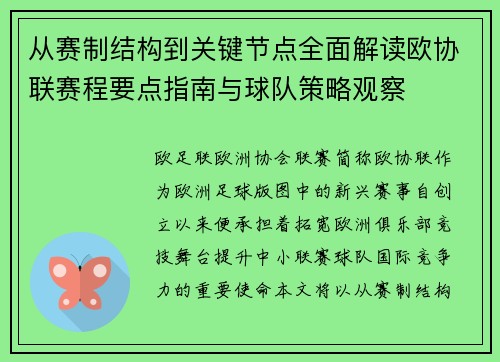 从赛制结构到关键节点全面解读欧协联赛程要点指南与球队策略观察